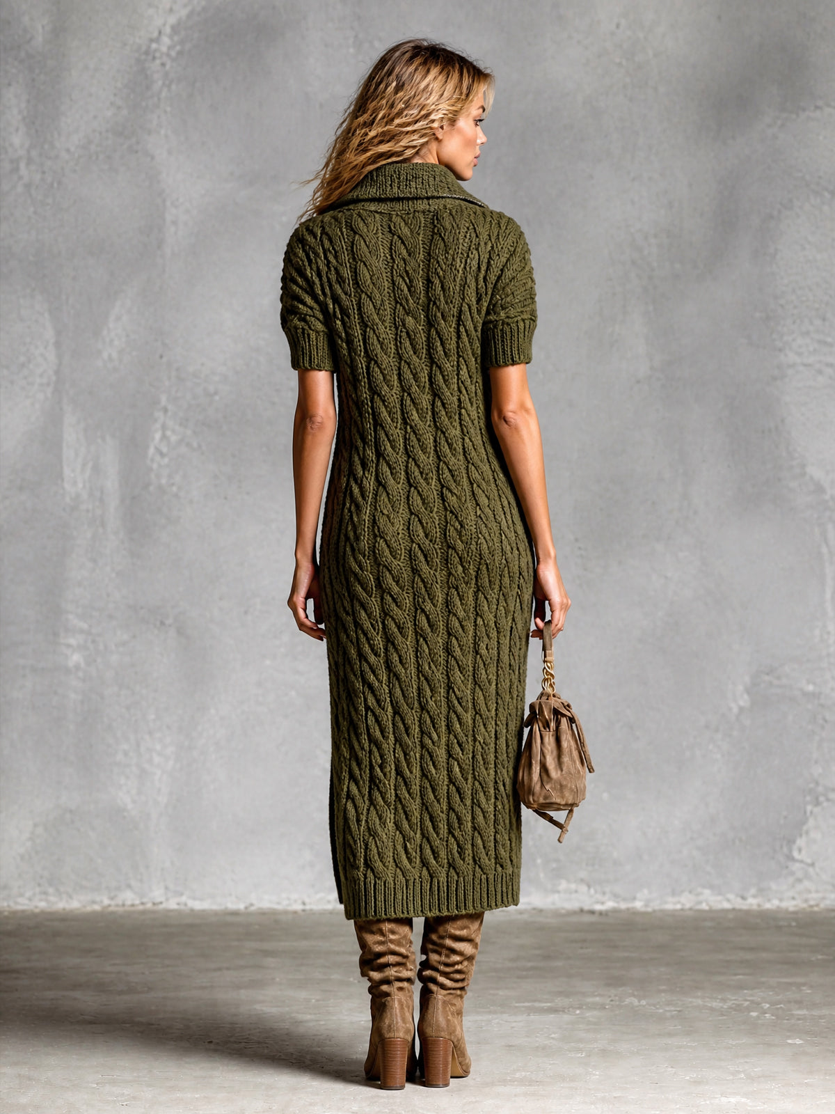 Selina | Pletené midi šaty Army Green se zipem a klopovým límcem