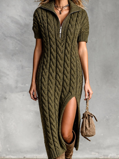 Selina | Pletené midi šaty Army Green se zipem a klopovým límcem