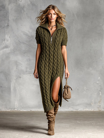 Selina | Pletené midi šaty Army Green se zipem a klopovým límcem