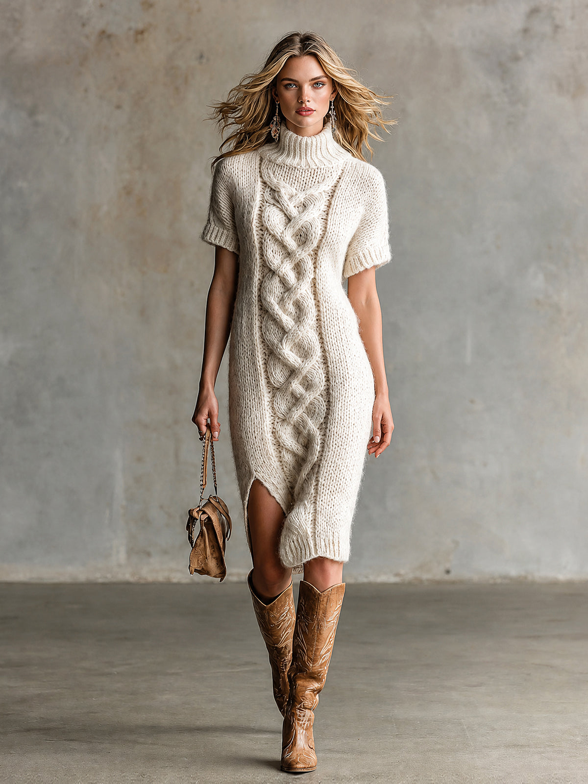 Chic Elegant Krémově bílé pletené midi šaty s rolákem