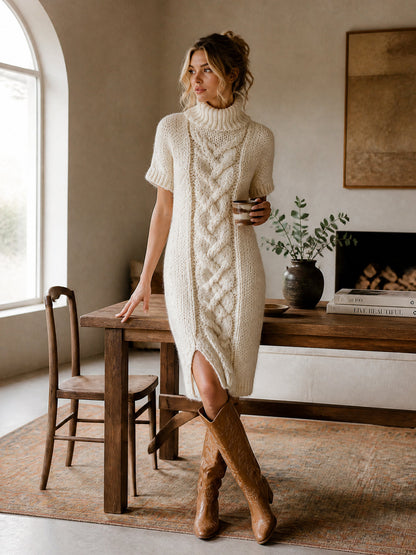 Chic Elegant Krémově bílé pletené midi šaty s rolákem