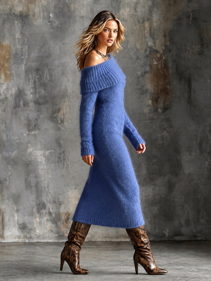 Chic Elegant Tmavě modré pletené midi šaty s jedním ramenem