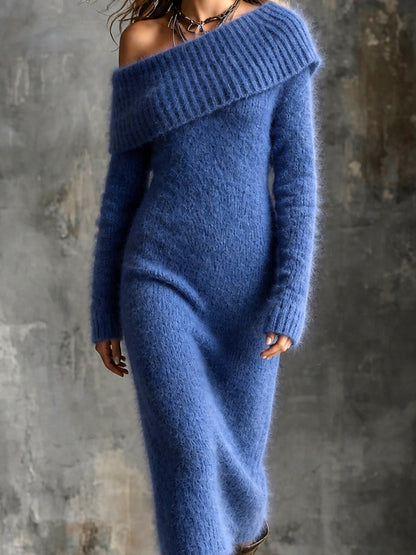 Chic Elegant Tmavě modré pletené midi šaty s jedním ramenem