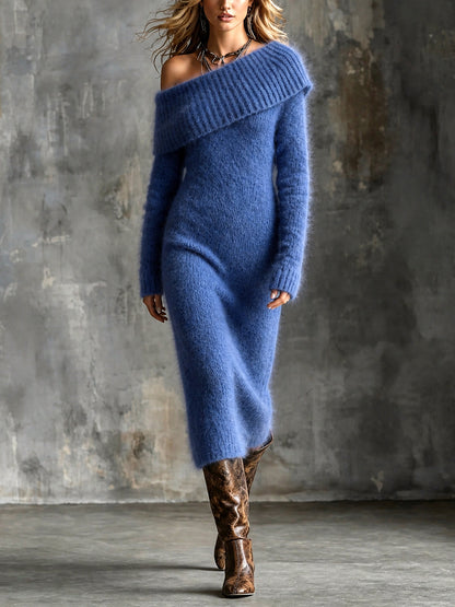 Chic Elegant Tmavě modré pletené midi šaty s jedním ramenem