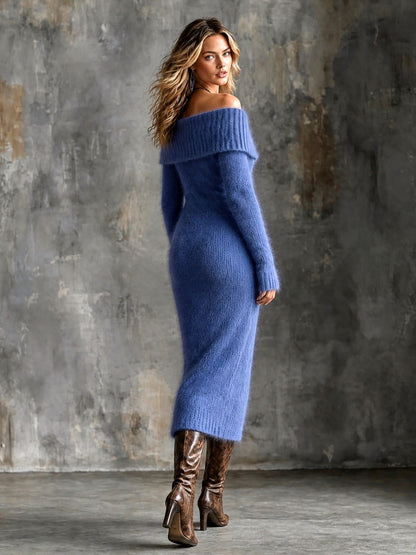 Chic Elegant Tmavě modré pletené midi šaty s jedním ramenem