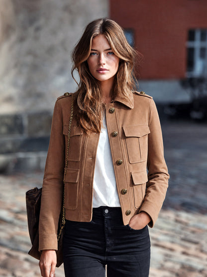 Chic Casual Velbloudí bunda z eko-semiše ve vojenském stylu