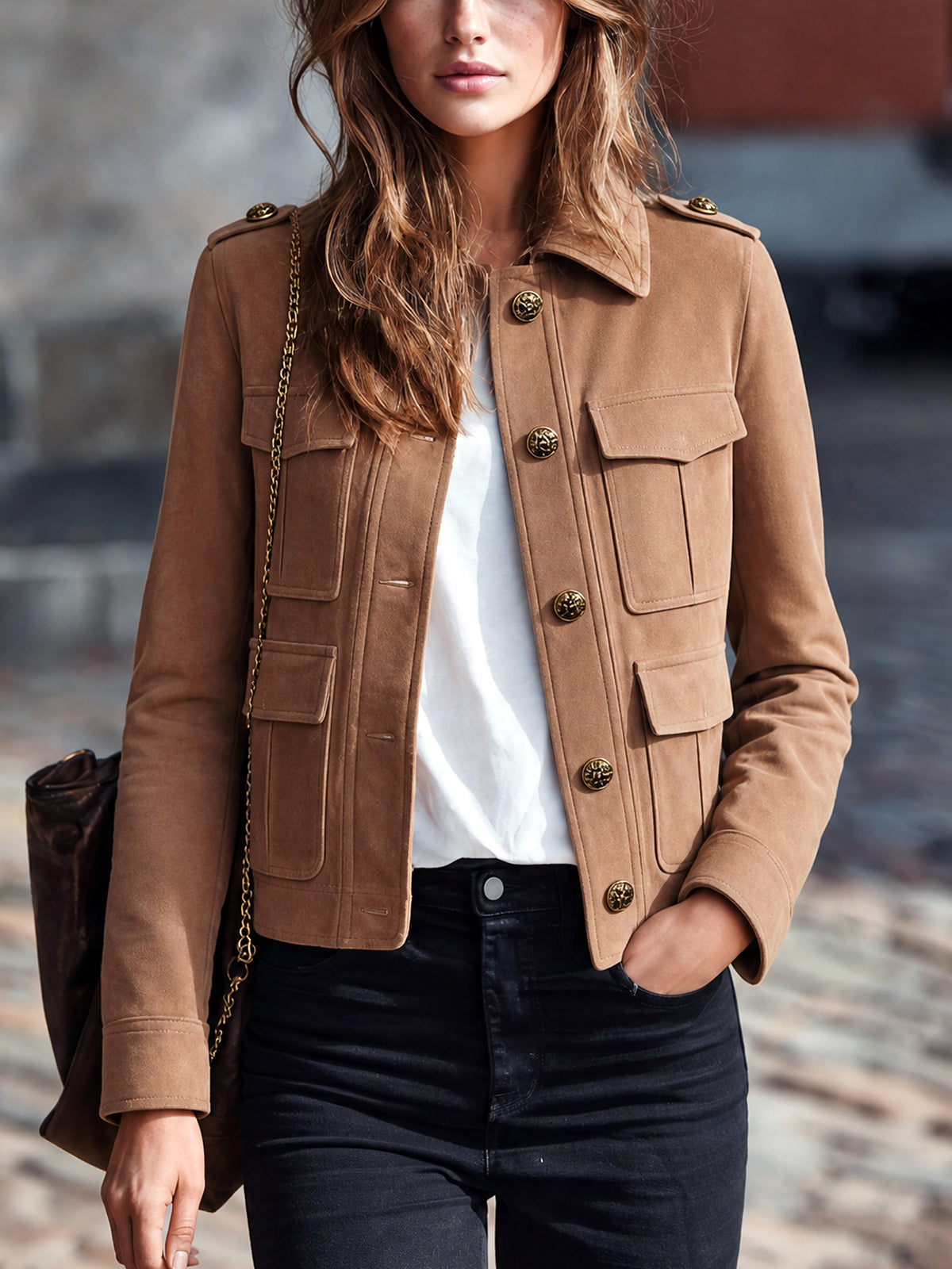 Chic Casual Velbloudí bunda z eko-semiše ve vojenském stylu
