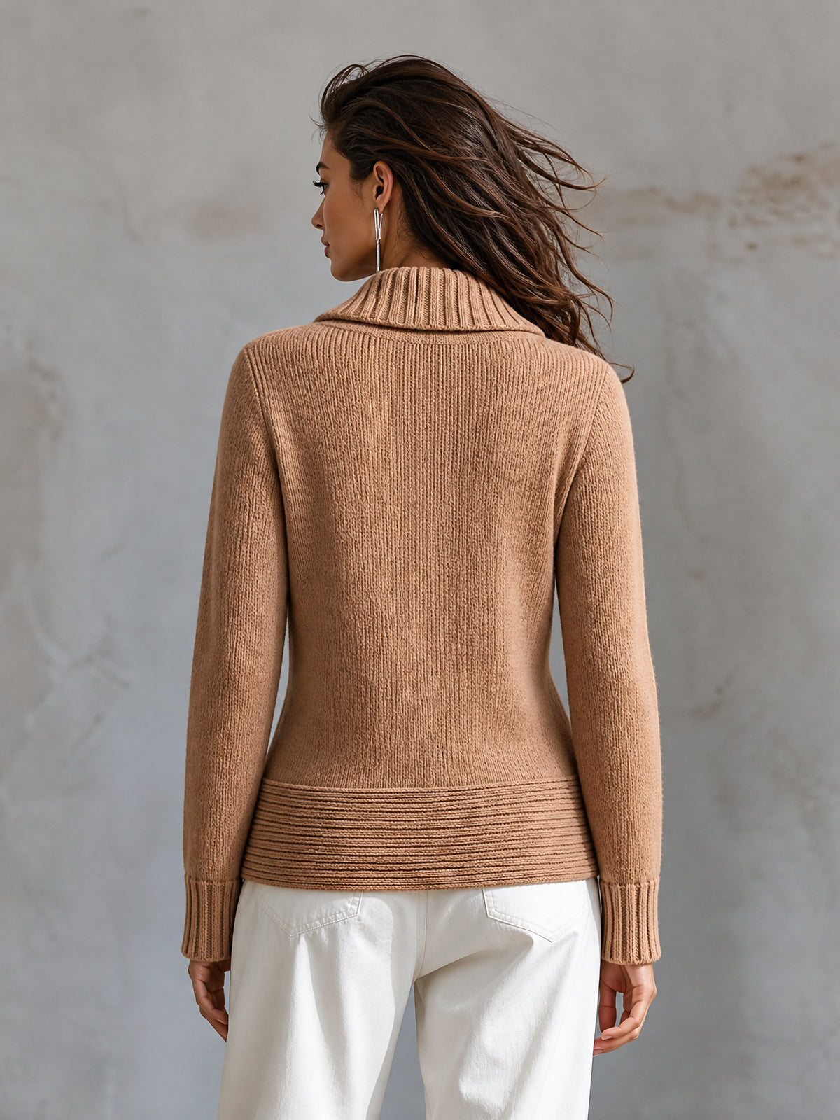 Chic Elegant Velbloudí svetr se šálovým límcem a křížovým zapínáním