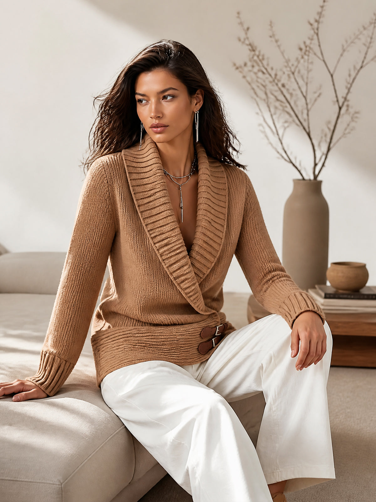 Chic Elegant Velbloudí svetr se šálovým límcem a křížovým zapínáním