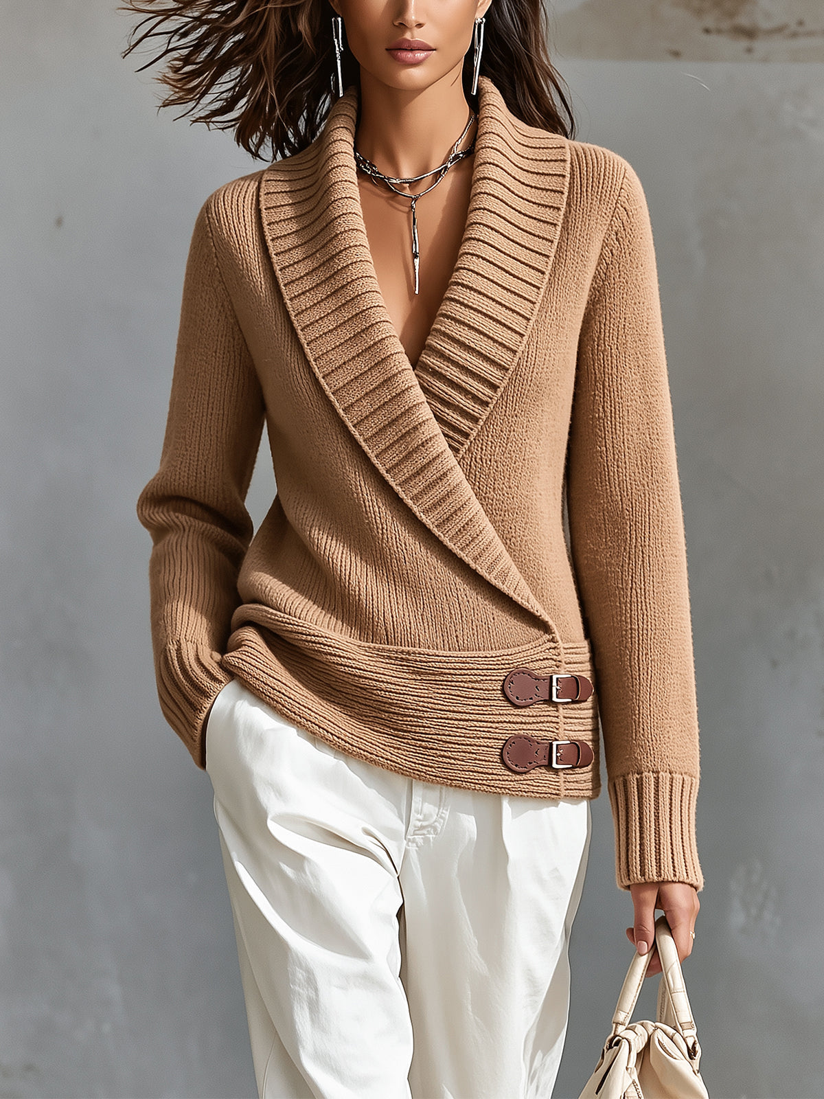 Chic Elegant Velbloudí svetr se šálovým límcem a křížovým zapínáním