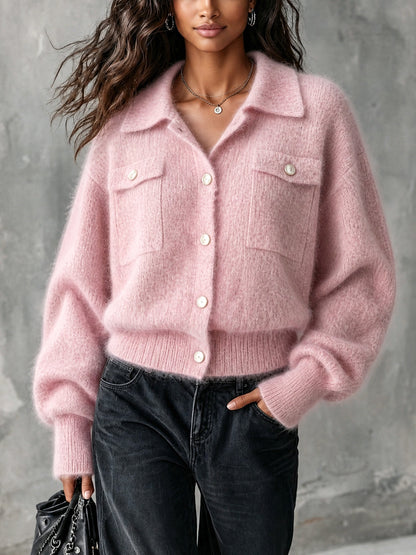 Chic Casual Růžový kardigan s klopovým límcem a měkkou pleteninou z mohéru