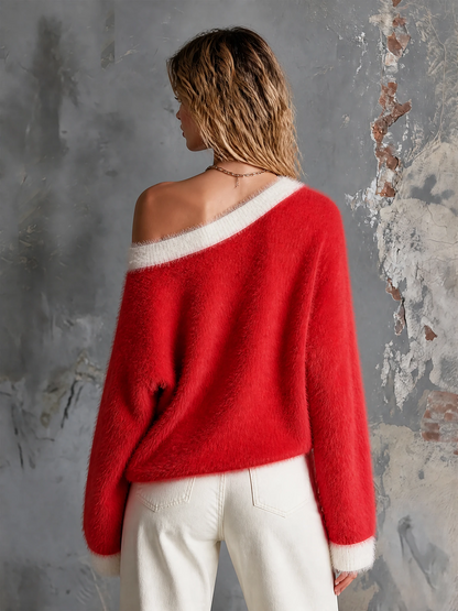 ElevenOra Chic Casual Red Off Shoulder Heart Jacquard Long Sleeve Contrast Trim Loose-Fit Fuzzy Mohair-Blend Knit Sweater