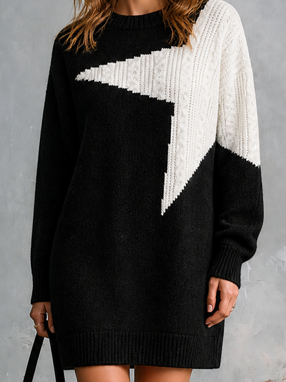 ElevenOra Chic Elegant Black-White Colorblock Star Jacquard Round-Neck Dropped-Shoulder Long-Sleeve Loose-Fit Knit Mini Dress