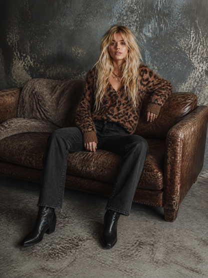 ElevenOra Chic Elegant Brown Leopard Jacquard V-Neck Single-Breasted Long-Sleeve Loose-Fit Fuzzy Mohair Blend Knit Cardigan Top