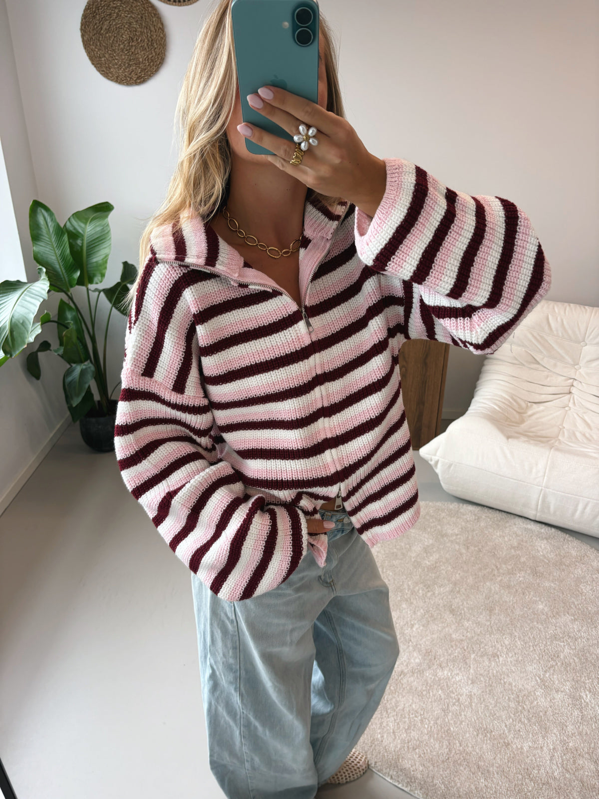 Nordic Wrap | Cardigan na zip – Růžovo-bílá