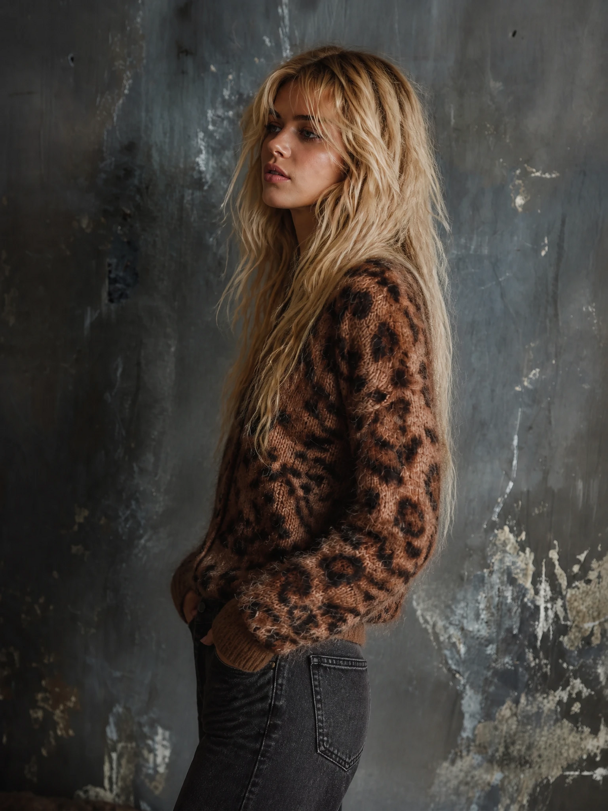 ElevenOra Chic Elegant Brown Leopard Jacquard V-Neck Single-Breasted Long-Sleeve Loose-Fit Fuzzy Mohair Blend Knit Cardigan Top