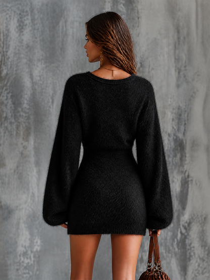 ElevenOra Chic Elegant Black V-Neck Tie Front Long Sleeve Loose-Fit Fuzzy Mohair-Blend Knit Mini Dress
